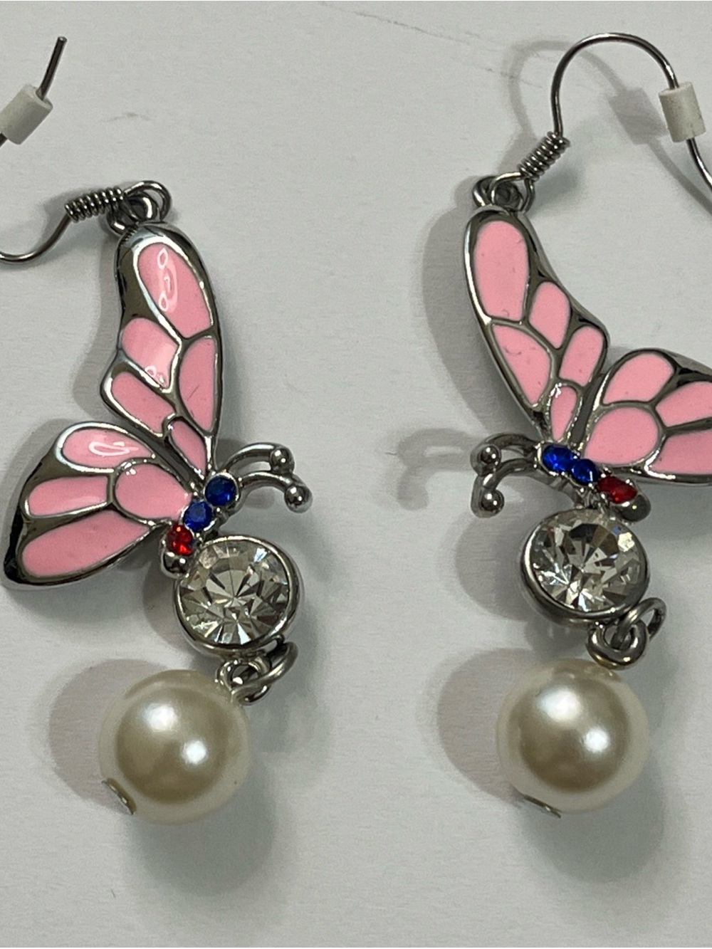 Silver Butterfly Drop pierced Earrings faux pearl rhinestone Accent art deco